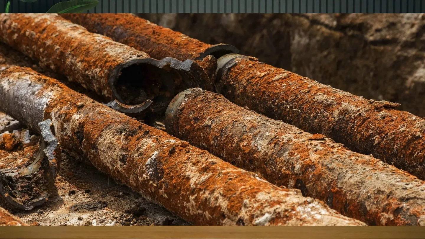 Several lengths of galvanized pipe covered in orange rust and flaking scale