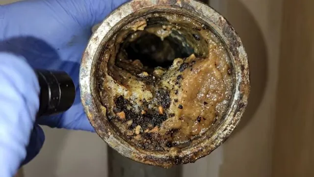 Looking down into a metal drain fitting packed with brown debris, with a gloved hand and flashlight at the left