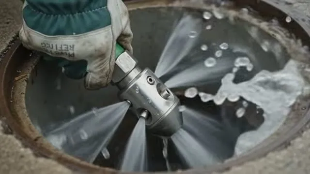 Gloved hand holding a hose with a rear-facing jetting nozzle that sprays water jets inside a round access opening