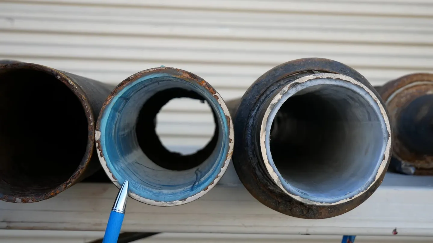 Three pipe ends in a row, the middle one with a smooth blue lining inside and a pen pointing to it