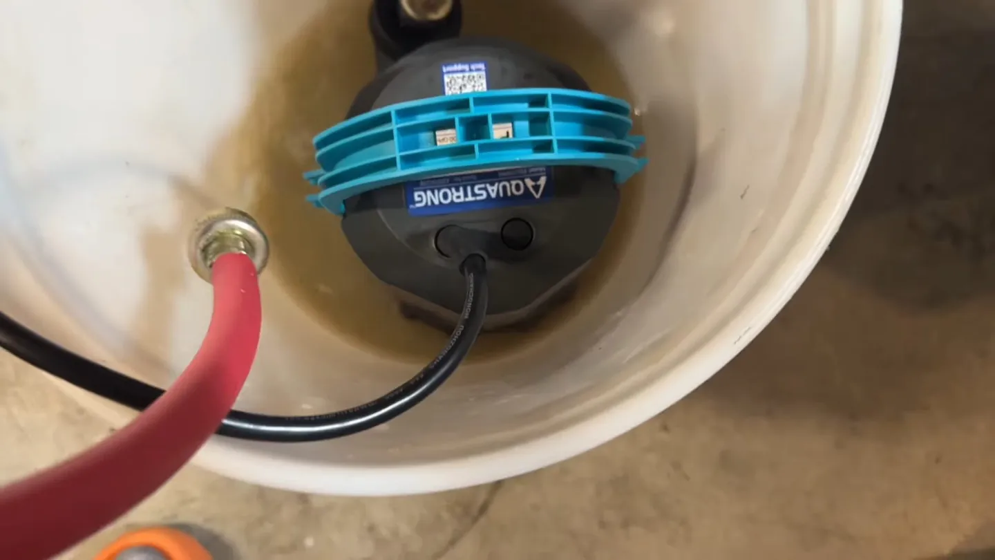 Small blue pump sitting in a white bucket with a red hose attached