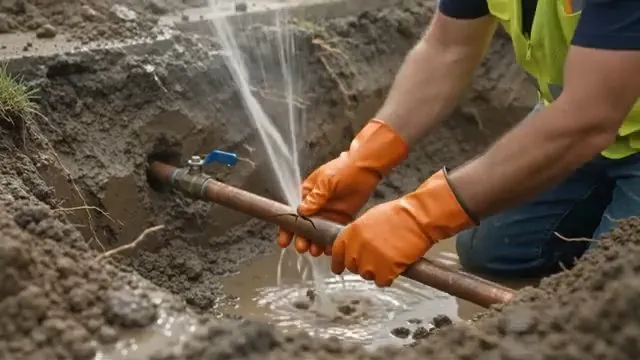 Worker in orange gloves holding a copper water line in a muddy trench while water sprays from the break